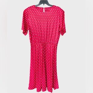 Vintage Red A-line midi dress with polka dots, short sleeves, pearl button